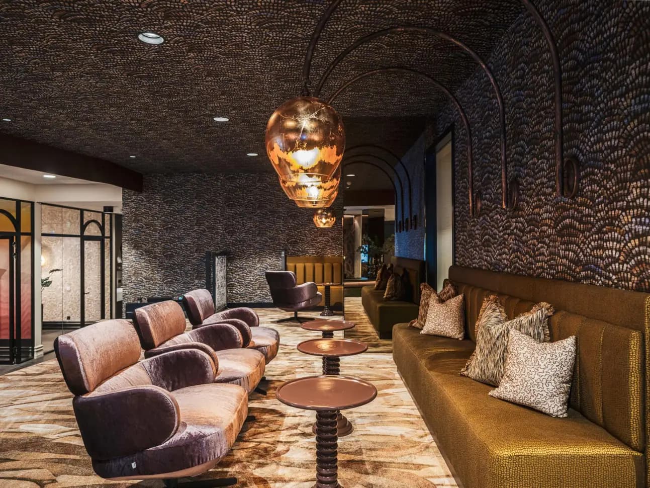Lobby with patterned walls and ceiling