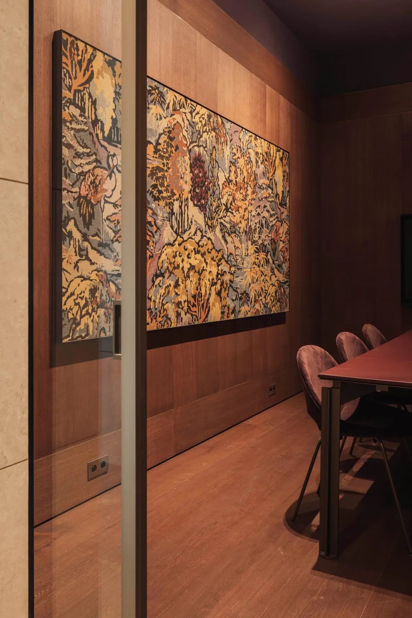 Patterned wall panel in a timber shared space