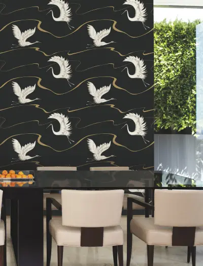 Soaring Cranes Wallpaper - Black/Gold