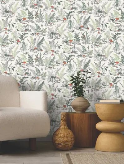 Mushroom Garden Toile Wallpaper - Red/Green
