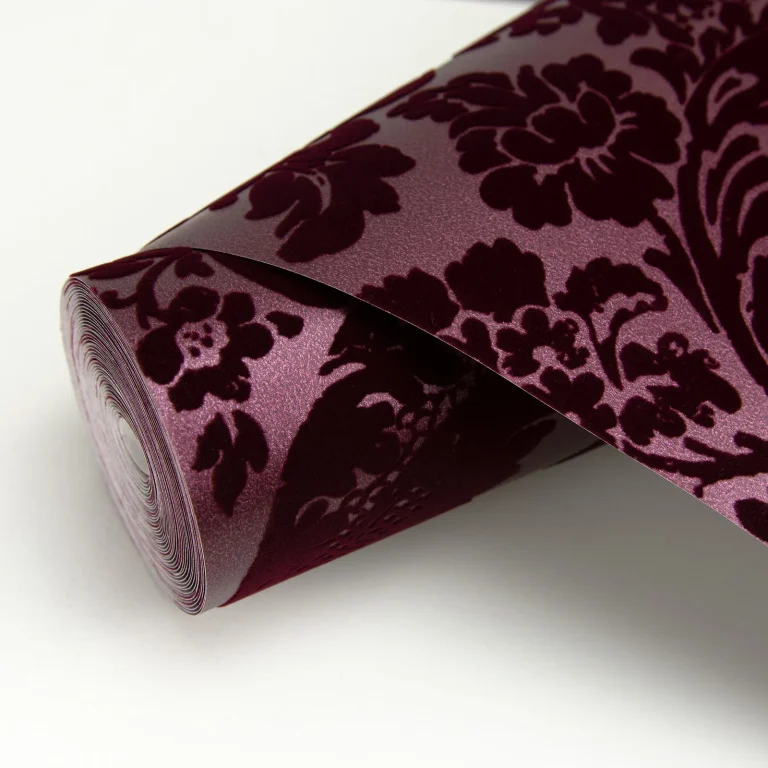 Shadow Flocked Damask Wallpaper - Merlot — Image 3