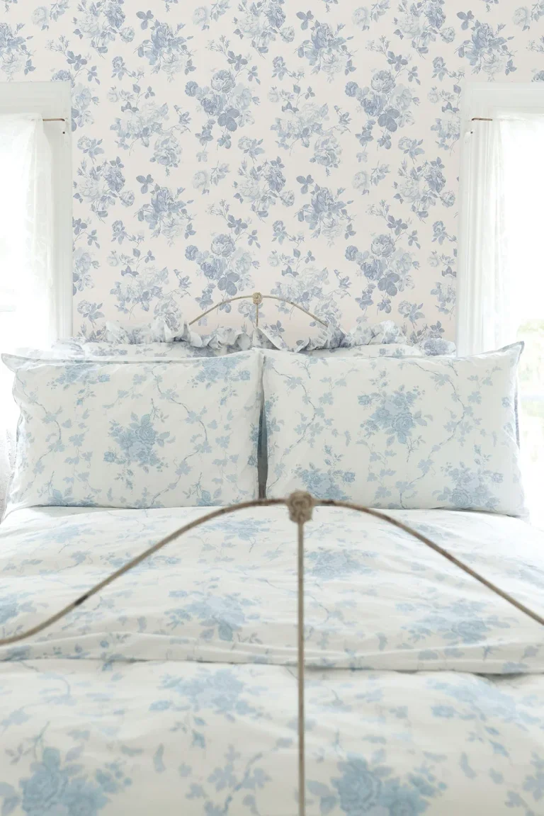 LoveShackFancy Everblooming Rosettes Cabbage Rose Bouquets Wallpaper - Sky Blue