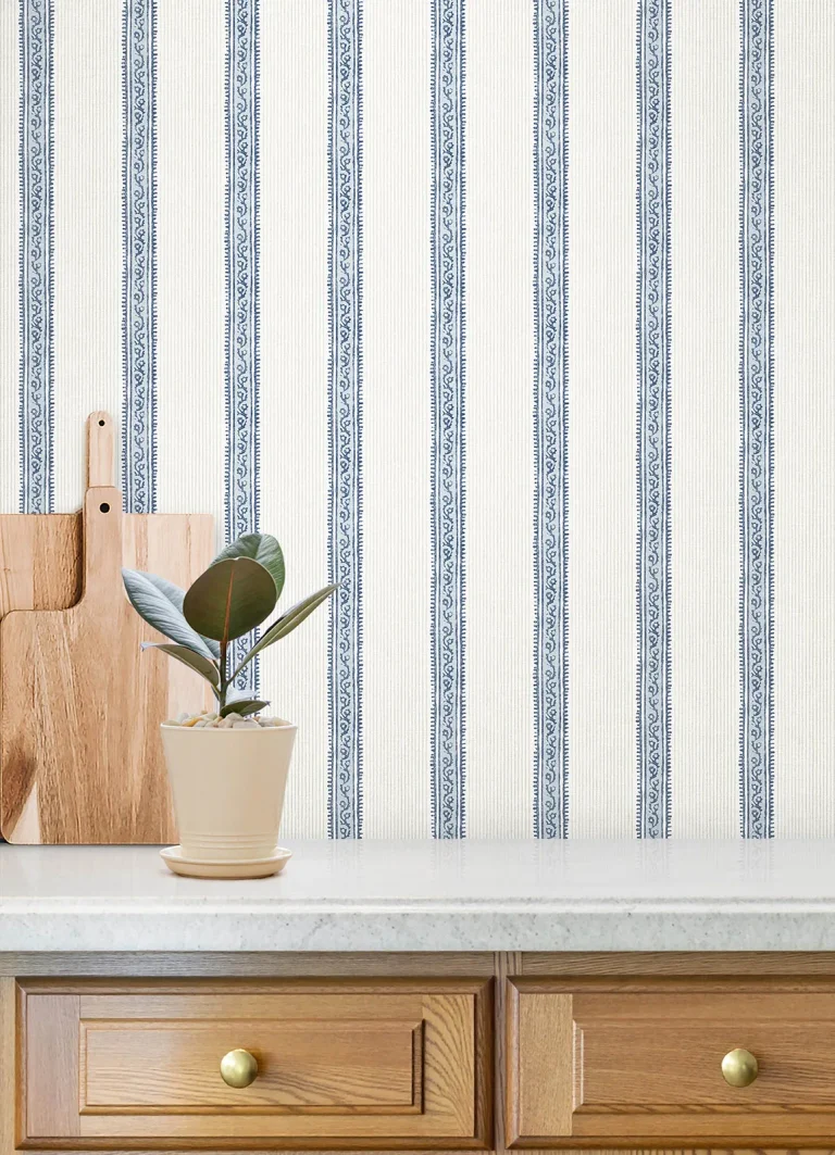 Chesapeake Mandevilla Vine Stripe Wallpaper - Blue and Cream — Image 3