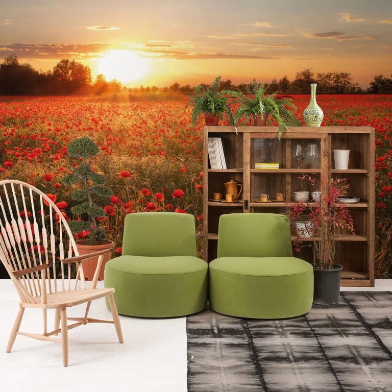 Poppy Field in Sunset - Wall Mural 5515 - 4 Panel - 192cm x 260cm — Ảnh 2
