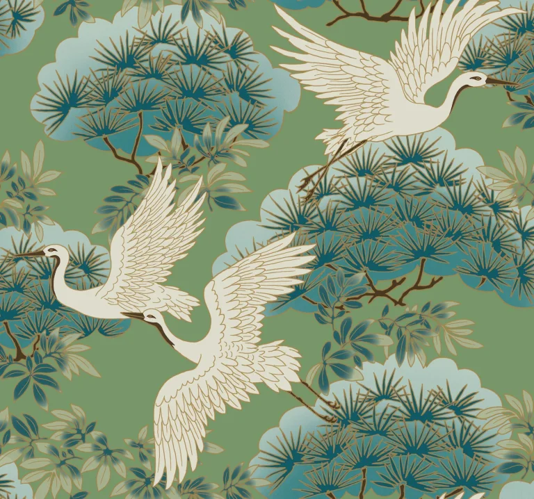 Ronald Redding Sprig & Heron Wallpaper - Green — Image 2