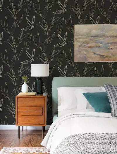 Kenia Leaf Toss Wallpaper - Black/Gold