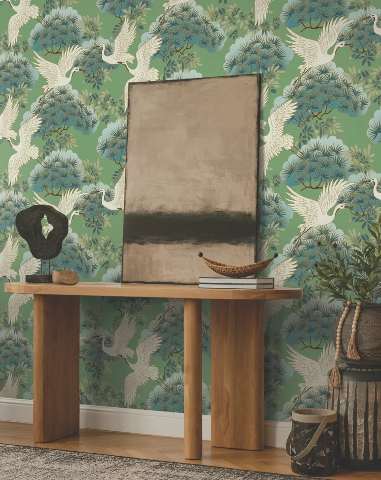 Ronald Redding Sprig & Heron Wallpaper - Green — Image 6