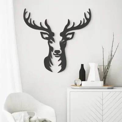3D Wooden Stags Head Motif - black - 60cm x 63cm
