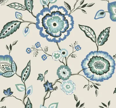 Dahlia Blooms Wallpaper - Dove/Cornflower