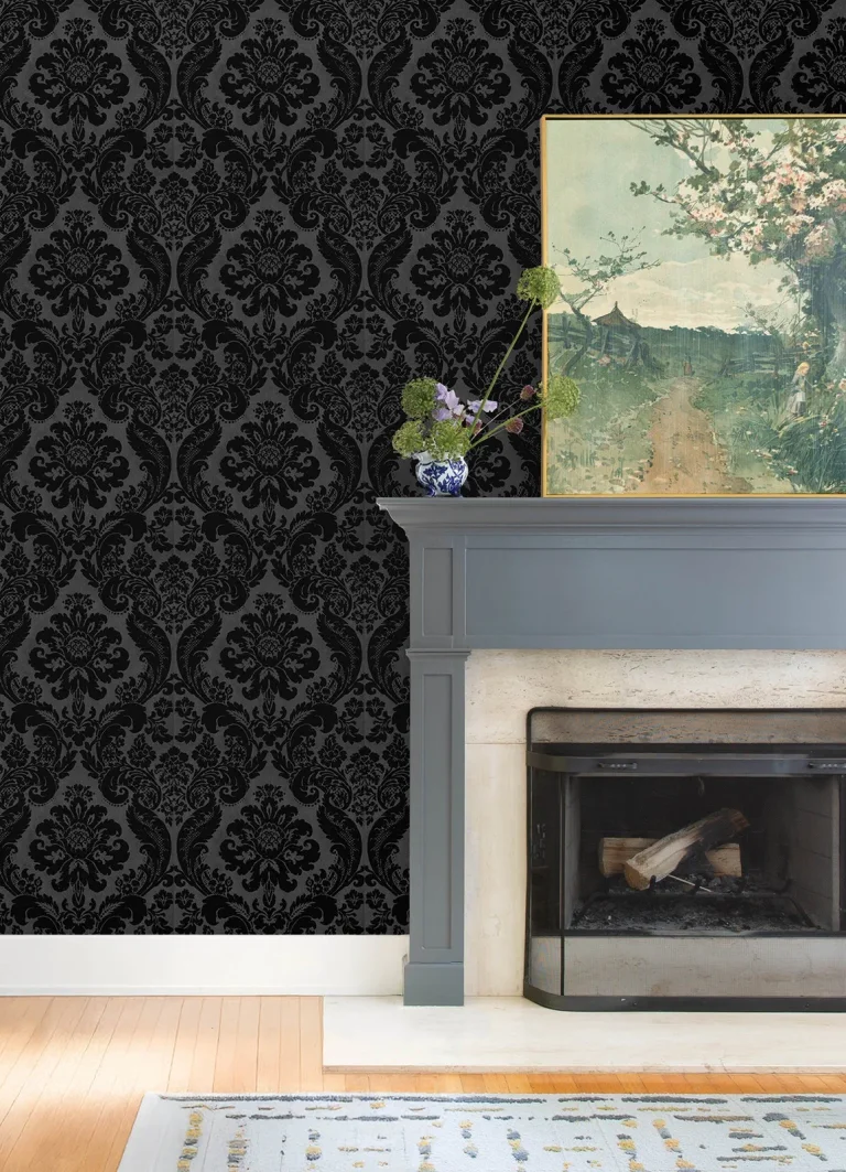 Shadow Flocked Damask Wallpaper - Black — Ảnh 4