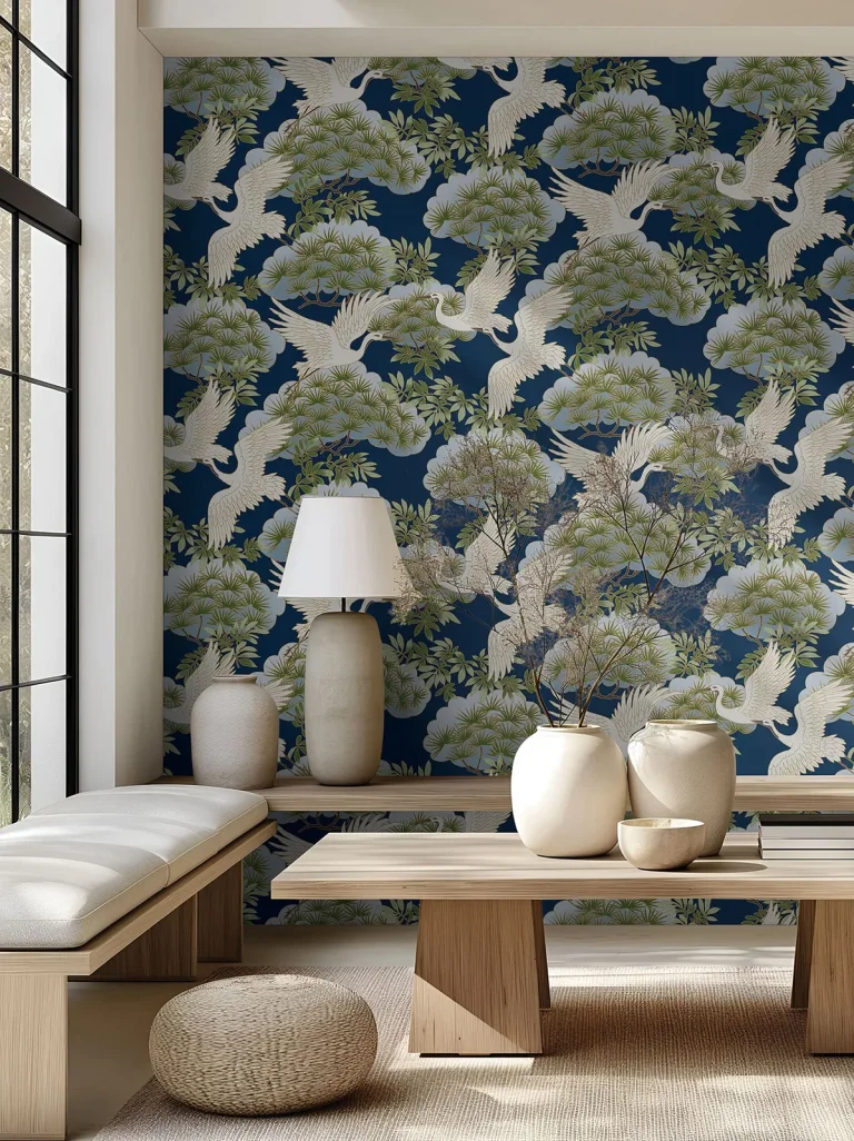 Ronald Redding Sprig & Heron Wallpaper - Navy — Ảnh 2