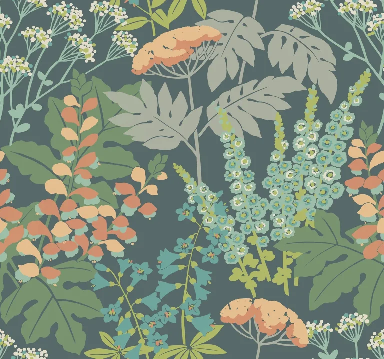 Brie Forest Flowers Wallpaper - Teal