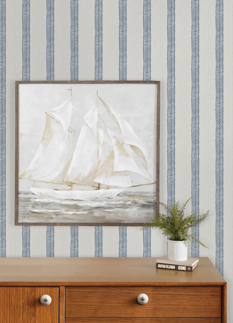 Chesapeake Mandevilla Vine Stripe Wallpaper - Blue and Cream — Image 2