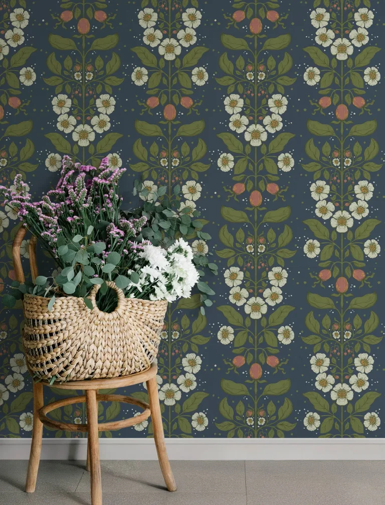 Rosa Floral Columns Wallpaper - Navy — Ảnh 5