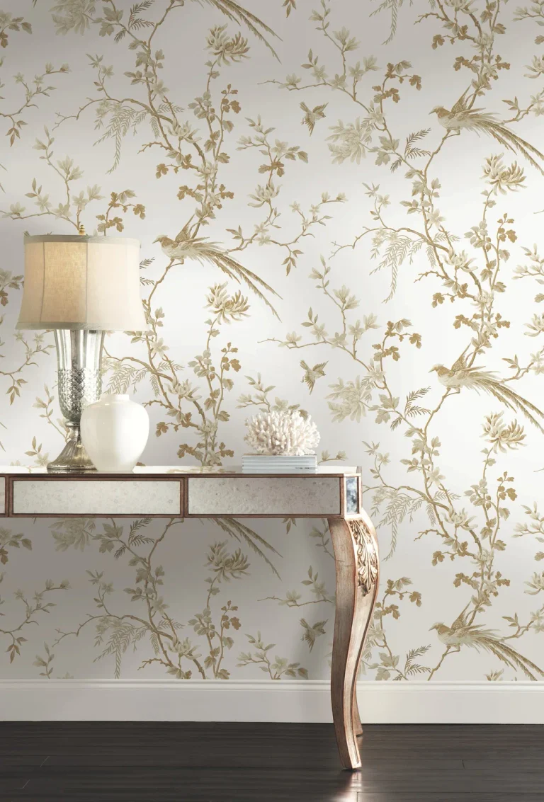 Ronald Redding Bird & Blossom Chinoserie Wallpaper - White/Gold — Ảnh 2