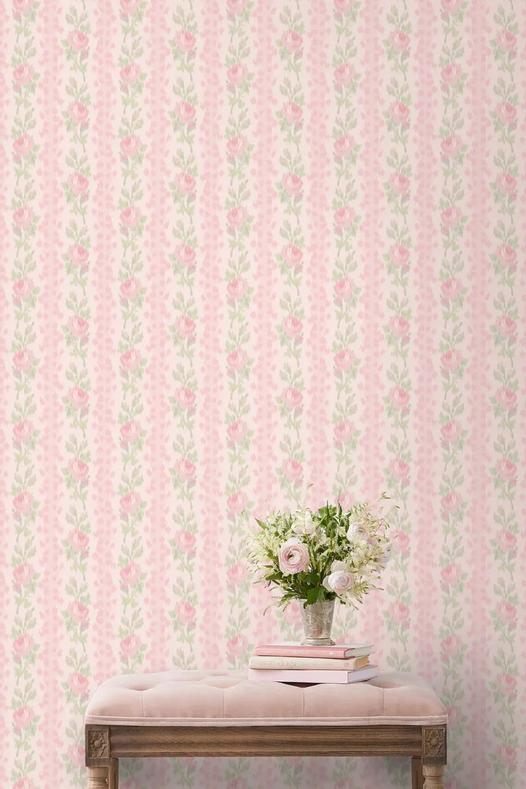 LoveShackFancy Blooming Heirloom Rose Stripe Wallpaper - Rose — Ảnh 4