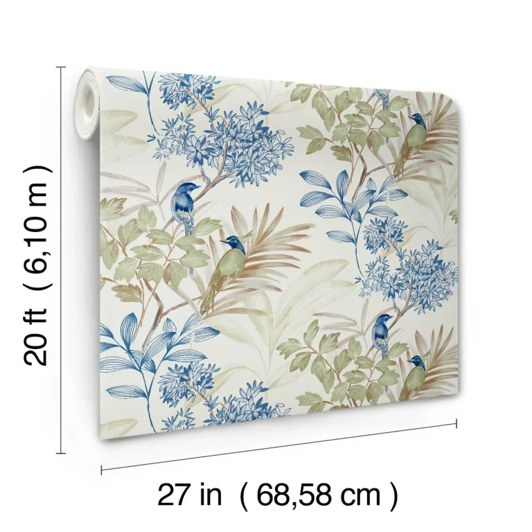 Handpainted Songbird Peel and Stick Wallpaper - Green/Blue — Ảnh 4