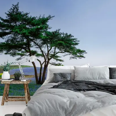 Tree in Blue Flower Field in Japan - Wall Mural 5034 - 8 Panel - 384cm x 260cm