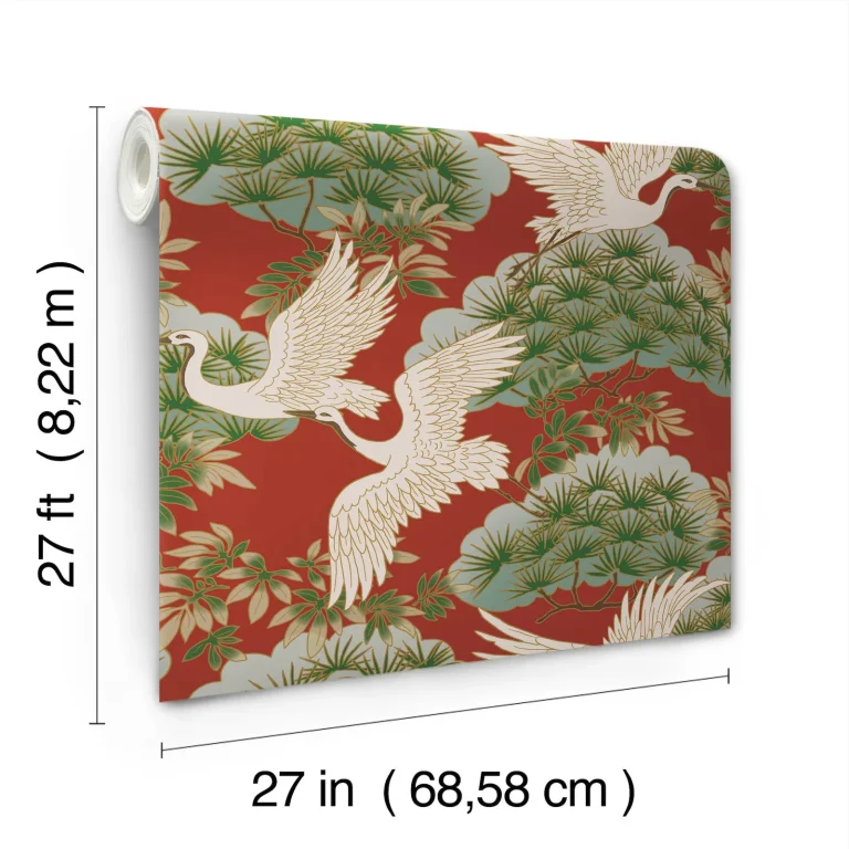 Ronald Redding Sprig & Heron Wallpaper - Red — Image 5
