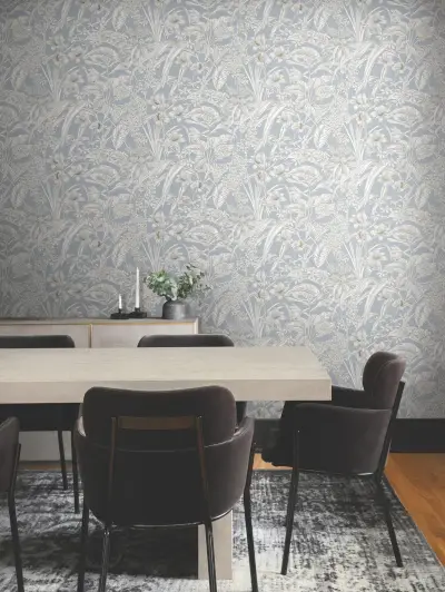 Orchid Conservatory Toile Wallpaper - Blue/Taupe