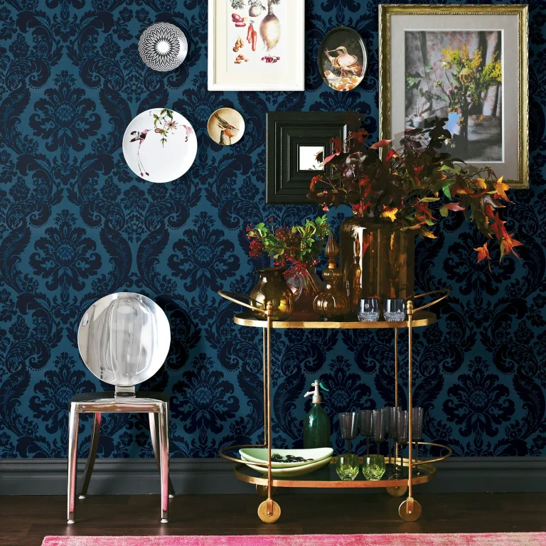 Shadow Flocked Damask Wallpaper - Blue — Image 2