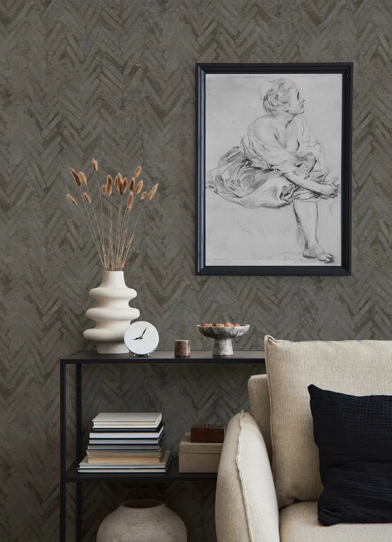 Amesemi Distressed Herringbone Wallpaper - Dark Grey — Ảnh 3