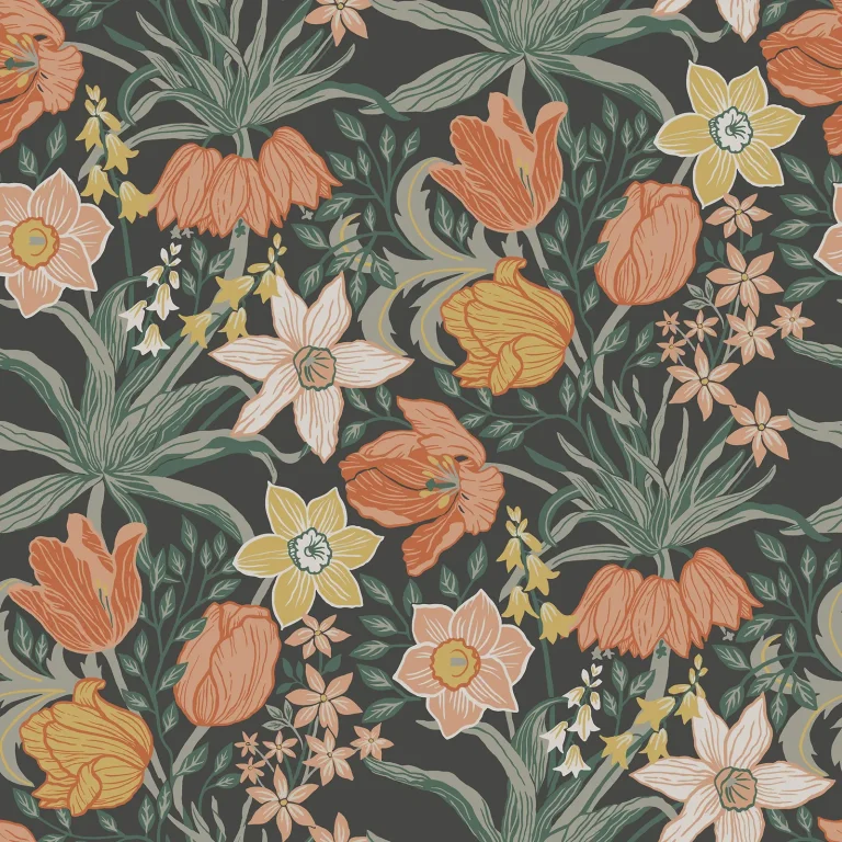 Cecilia Tulip and Daffodil Wallpaper - Black — Image 2