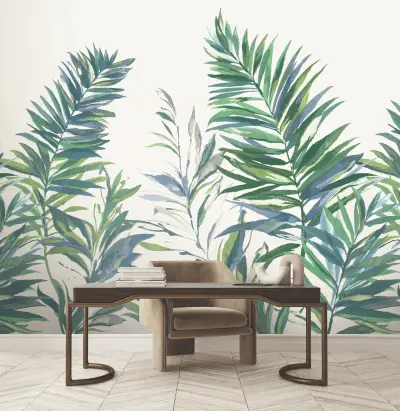 Swaying Palms Wallpaper - Green & Blue Mural