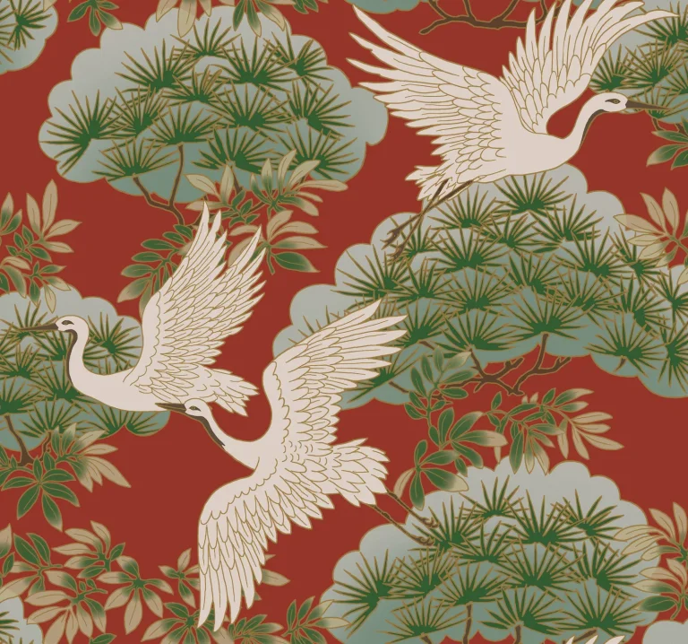 Ronald Redding Sprig & Heron Wallpaper - Red — Image 4