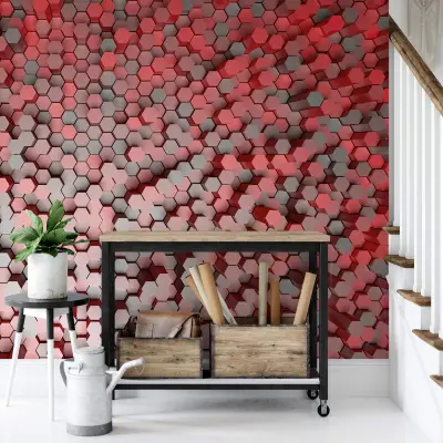 3D Pentagons Red - Wall Mural 5020 - 4 Panel - 192cm x 260cm