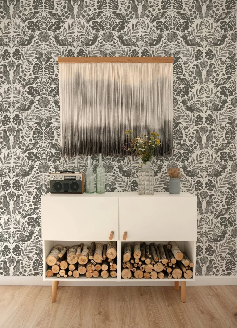 Nestle Bird Block Print Wallpaper - Charcoal — Image 3