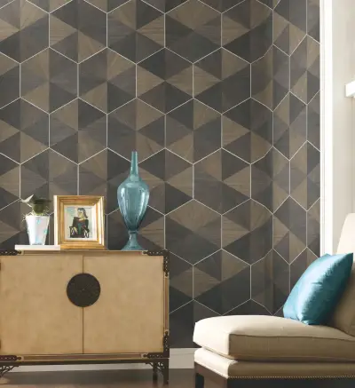 Ronald Redding Hexagram Wood Veneer Wallpaper - Brown & Black