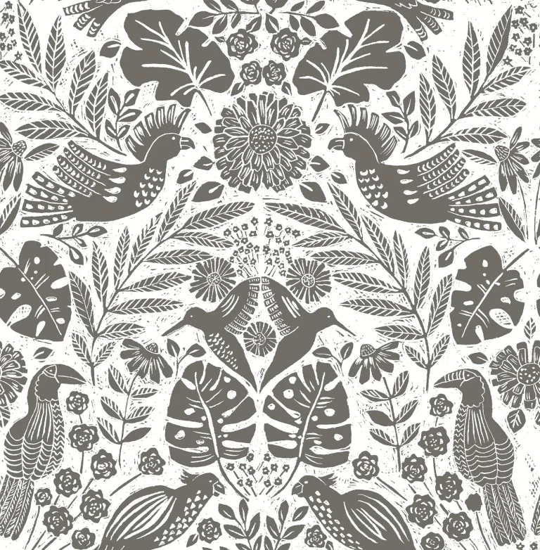 Nestle Bird Block Print Wallpaper - Charcoal — Image 2