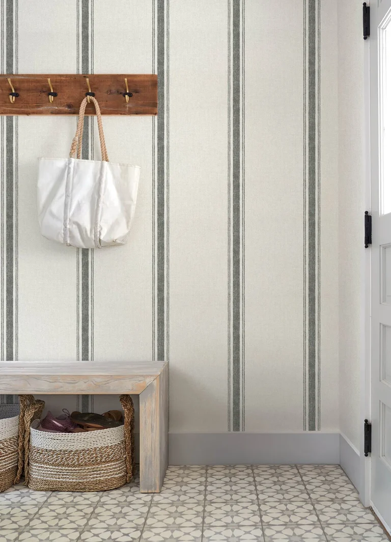 Chesapeake Linette Fabric Stripe Wallpaper - Dark Grey and White — Ảnh 6