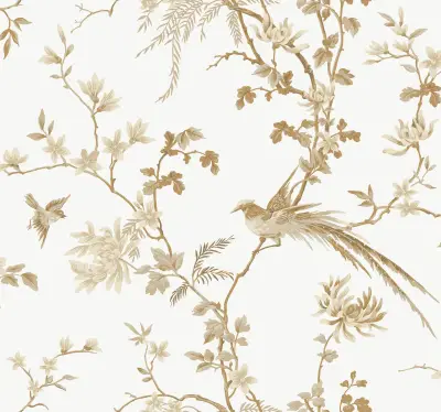 Ronald Redding Bird & Blossom Chinoserie Wallpaper - White/Gold