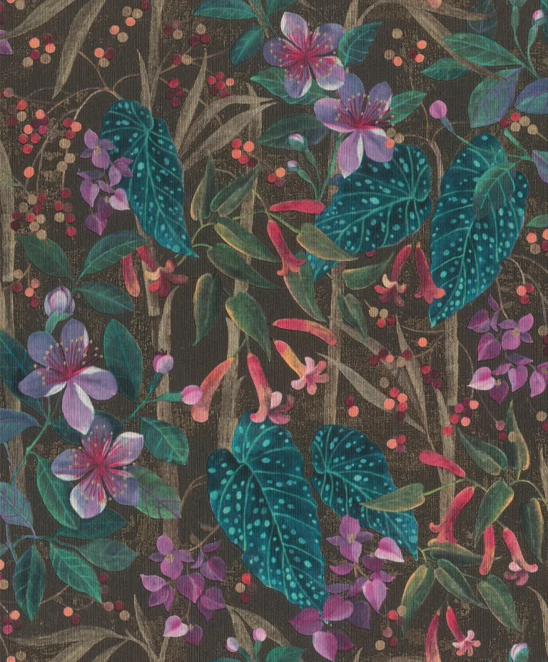 Kalina Floral Fruits Wallpaper - Black — Image 4