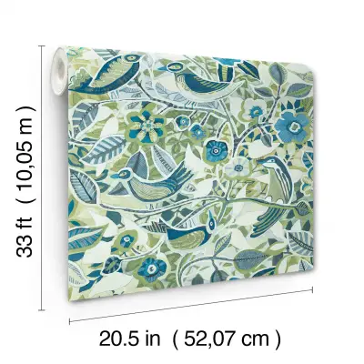 Manette Birds in the Bush Wallpaper - Green/Blue