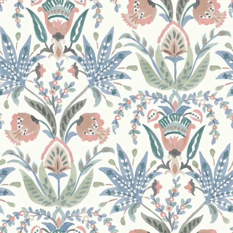 Seaside Jacobean Wallpaper - White/Pink/Blue — Image 2