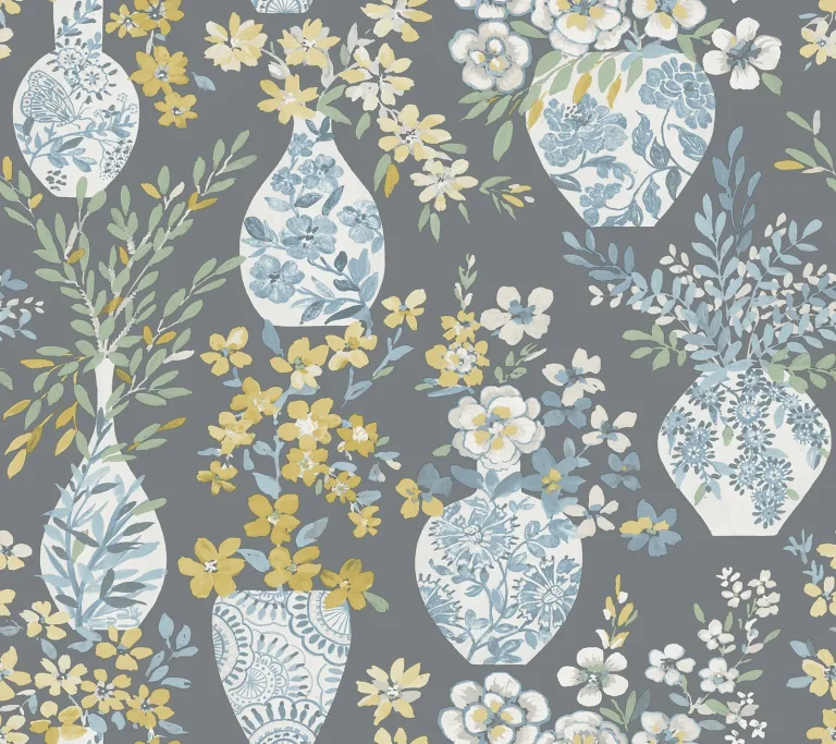 Harper Floral Vase Wallpaper - Grey — Image 4