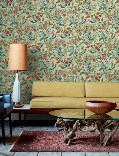 Manette Birds in the Bush Wallpaper - Red/Blue