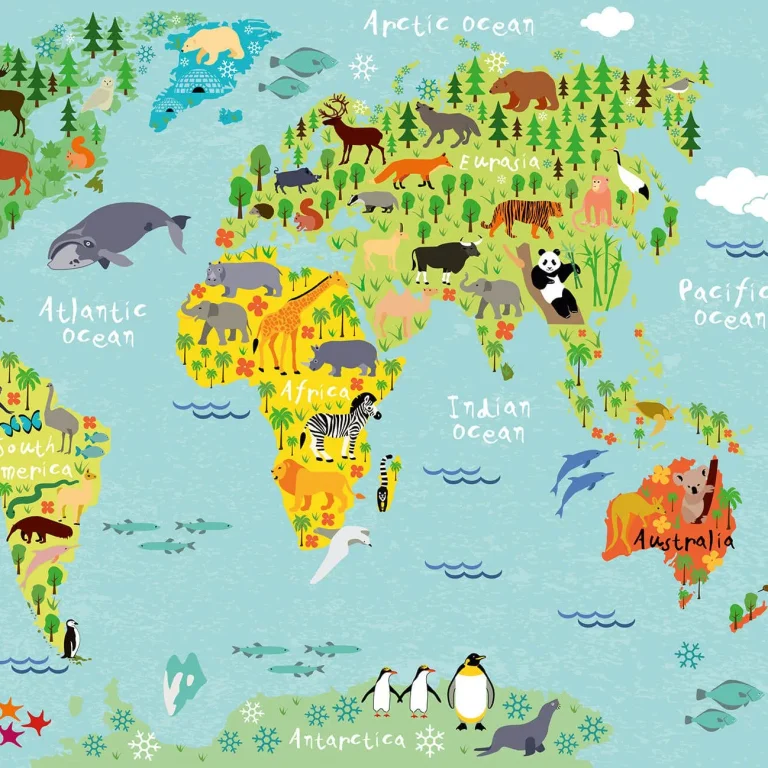 Kids World Map Animals - Wall Mural 5451 - 8 Panel - 384cm x 260cm — Ảnh 2