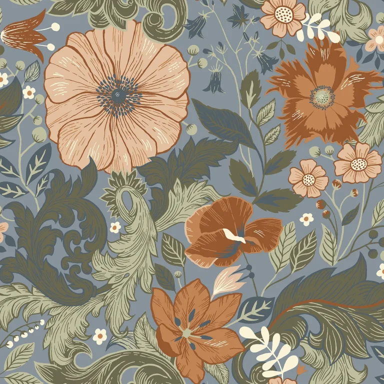 Victoria Floral Nouveau Wallpaper - Blue — Ảnh 2