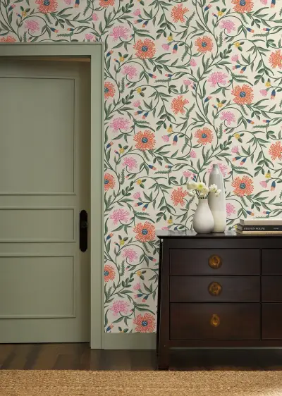 Rifle Paper Co. Aster Wallpaper - Linen & Coral