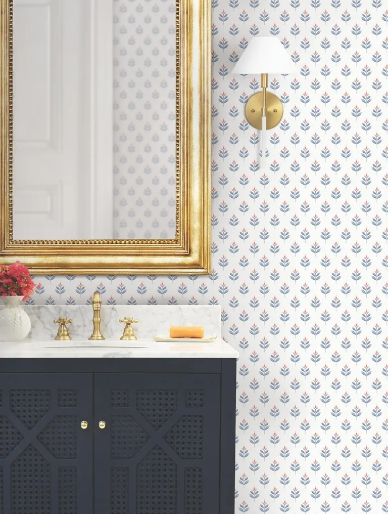 Serene Villa Floral Stamp Wallpaper - Red — Ảnh 3