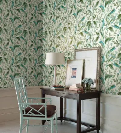 Tropical Love Birds Wallpaper - White/Aqua