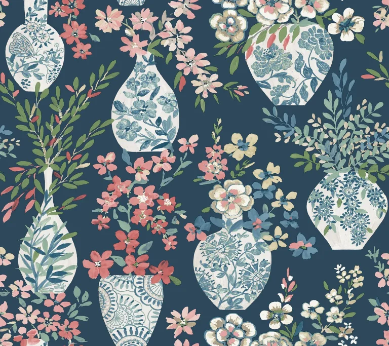 Harper Floral Vase Wallpaper - Teal — Image 3