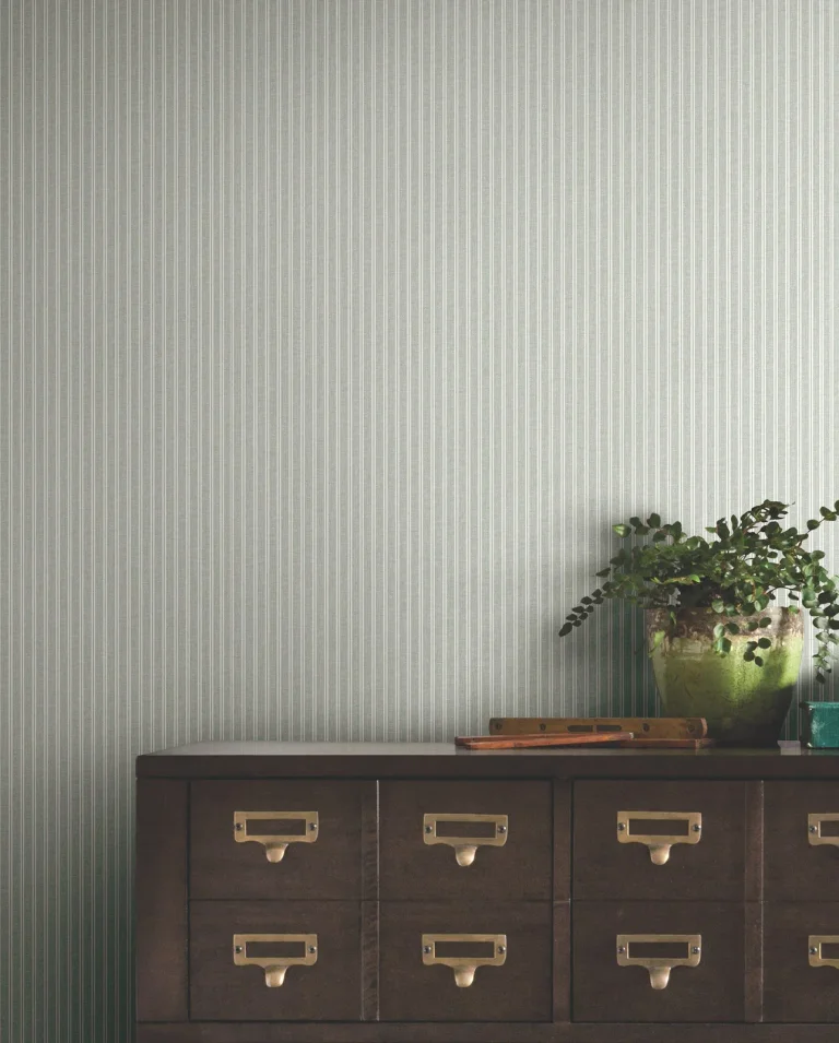 Ronald Redding Ticking Stripe Faux Linen Wallpaper - Sage — Ảnh 5