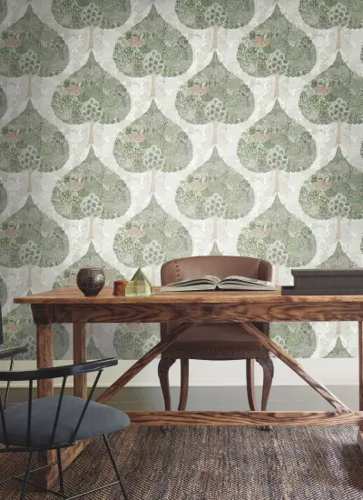 Mystic Forest Wallpaper - Green/Coral