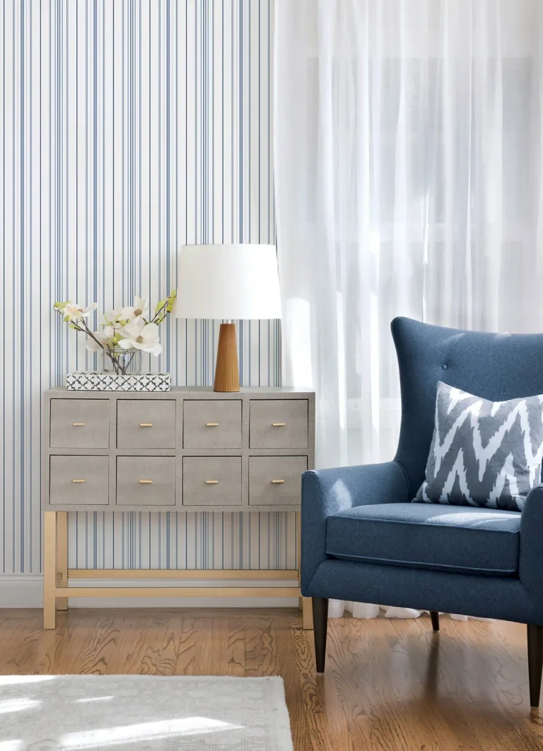 Chesapeake Lascelle Modern Pinstripe Wallpaper - Blue — Image 5