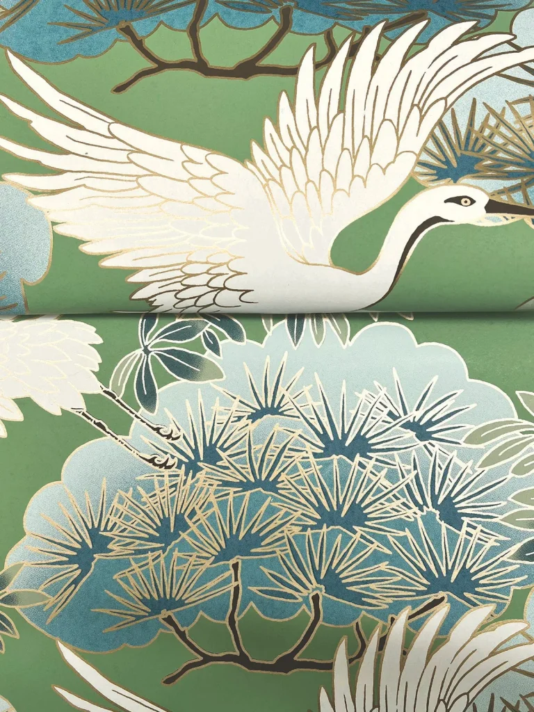 Ronald Redding Sprig & Heron Wallpaper - Green — Image 4